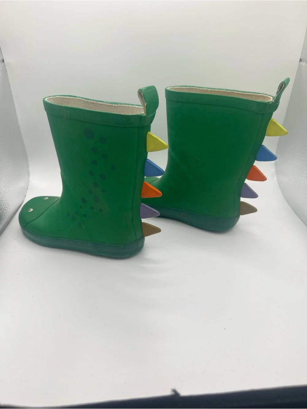 Mini Boden Green Dinosaur Rain Boots/galoshes/wellies with Multicolor Spikes